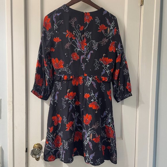 MADEWELL Silk Ruffle-Waist Dress in Windblown Poppies Size 2 - Picture 3 of 7
